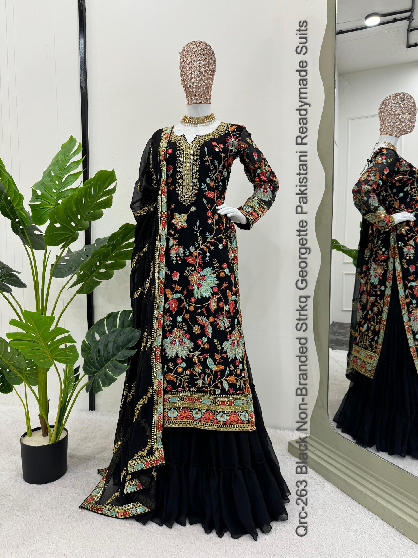 Qrc-263 Black Non-Branded Strkq Georgette Pakistani Readymade Suits