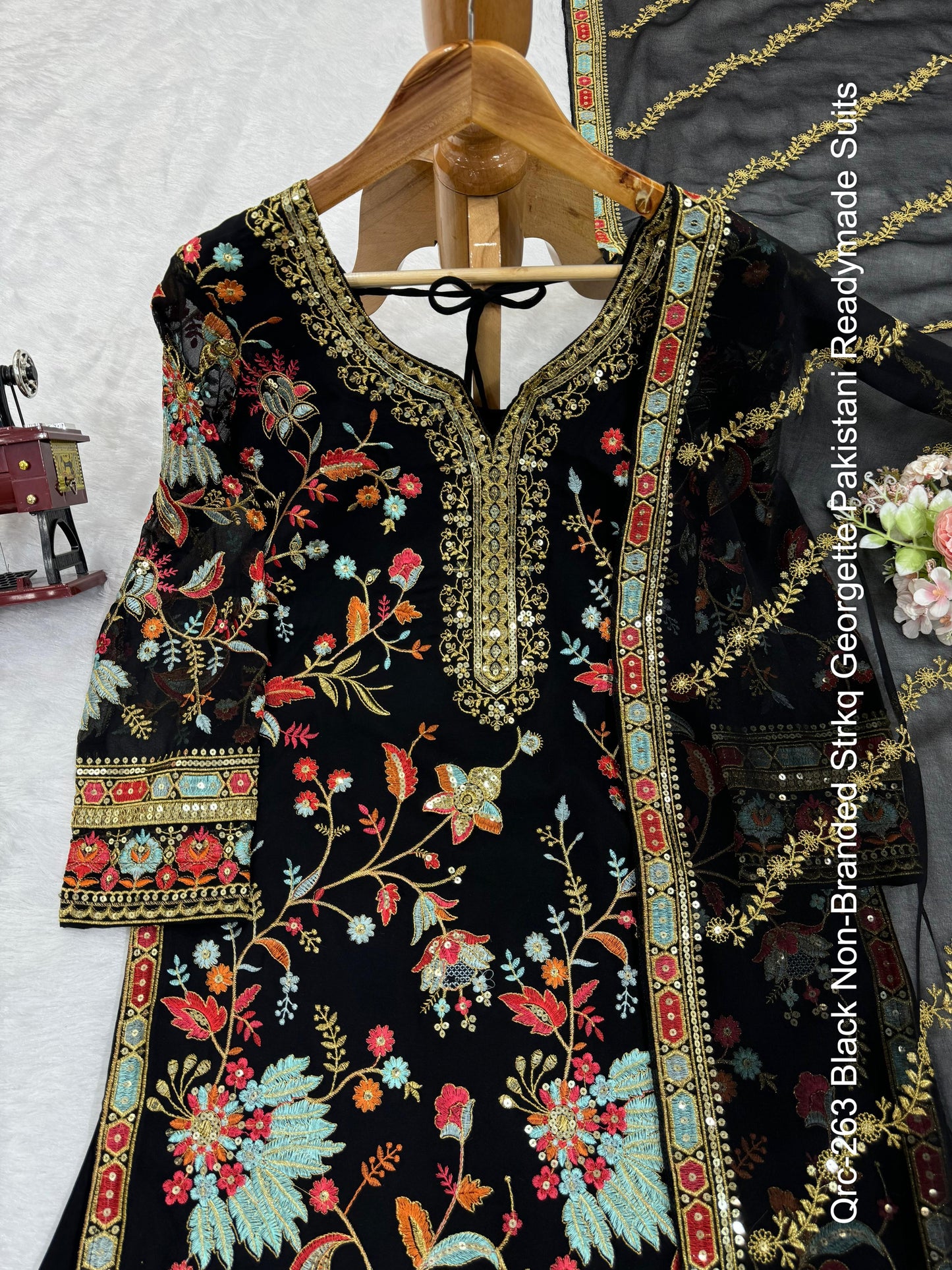 Qrc-263 Black Non-Branded Strkq Georgette Pakistani Readymade Suits