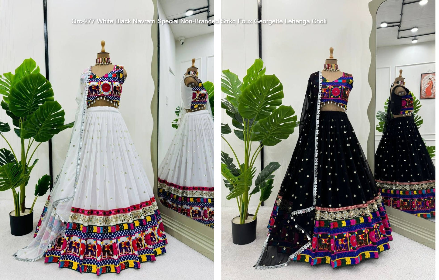 Qrc-277 White Black Navratri Special Non-Branded Strkq Foux Georgette Lehenga Choli