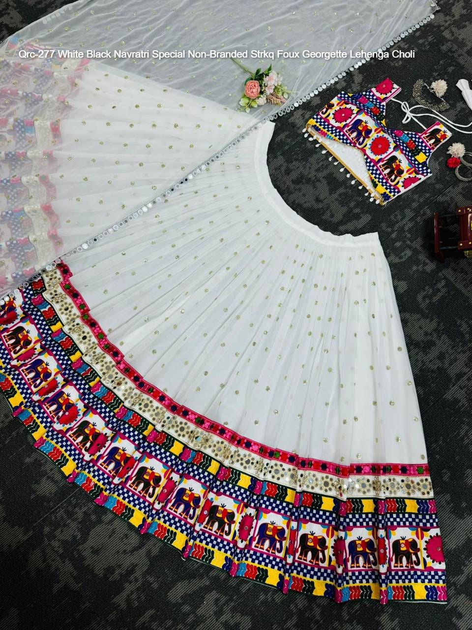 Qrc-277 White Black Navratri Special Non-Branded Strkq Foux Georgette Lehenga Choli
