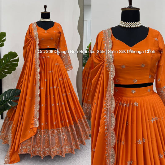 Qrc-308 Navratri Collections Orange Non-Branded Strkq Satin Silk Lehenga Choli
