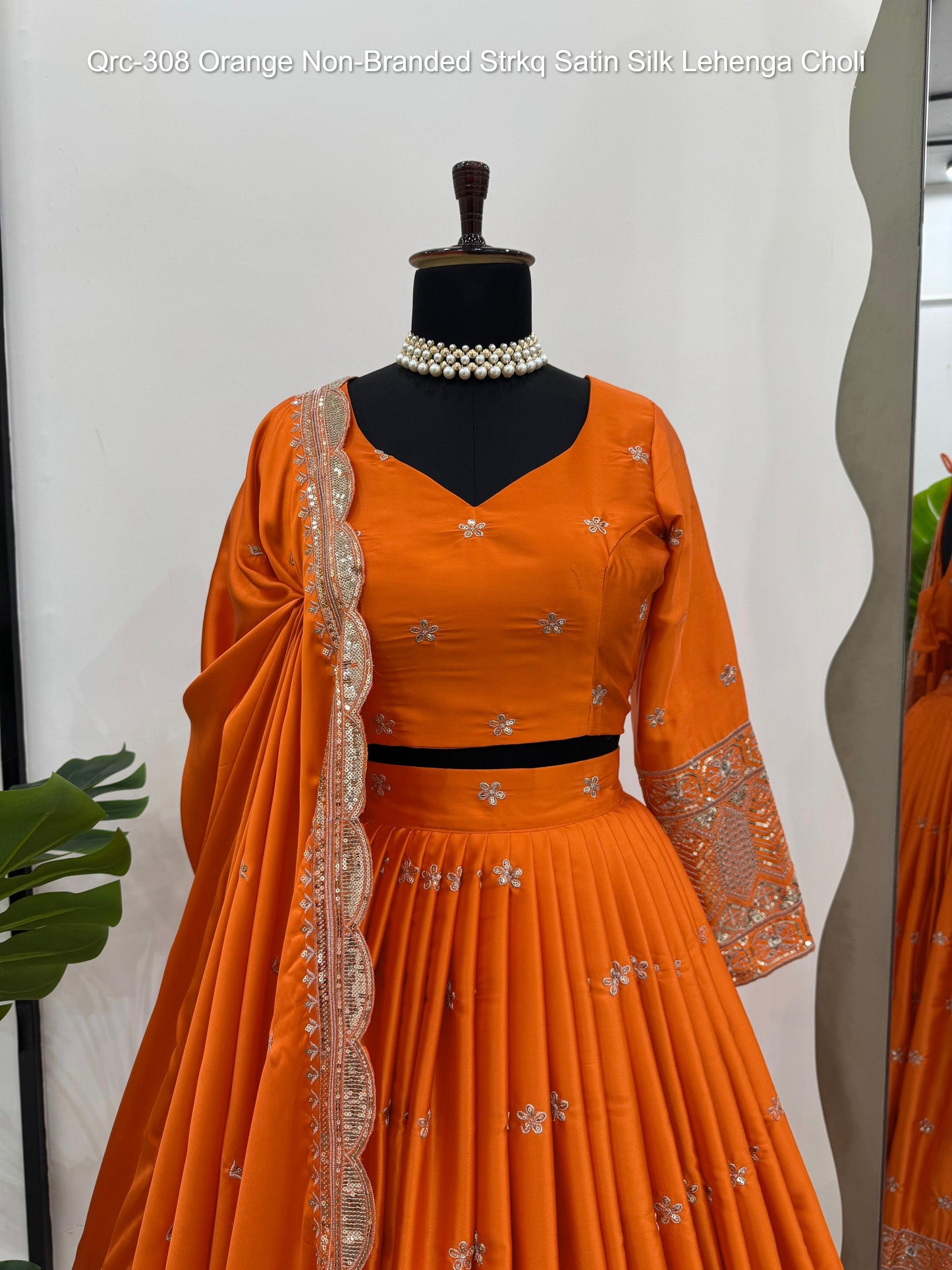 Qrc-308 Navratri Collections Orange Non-Branded Strkq Satin Silk Lehenga Choli