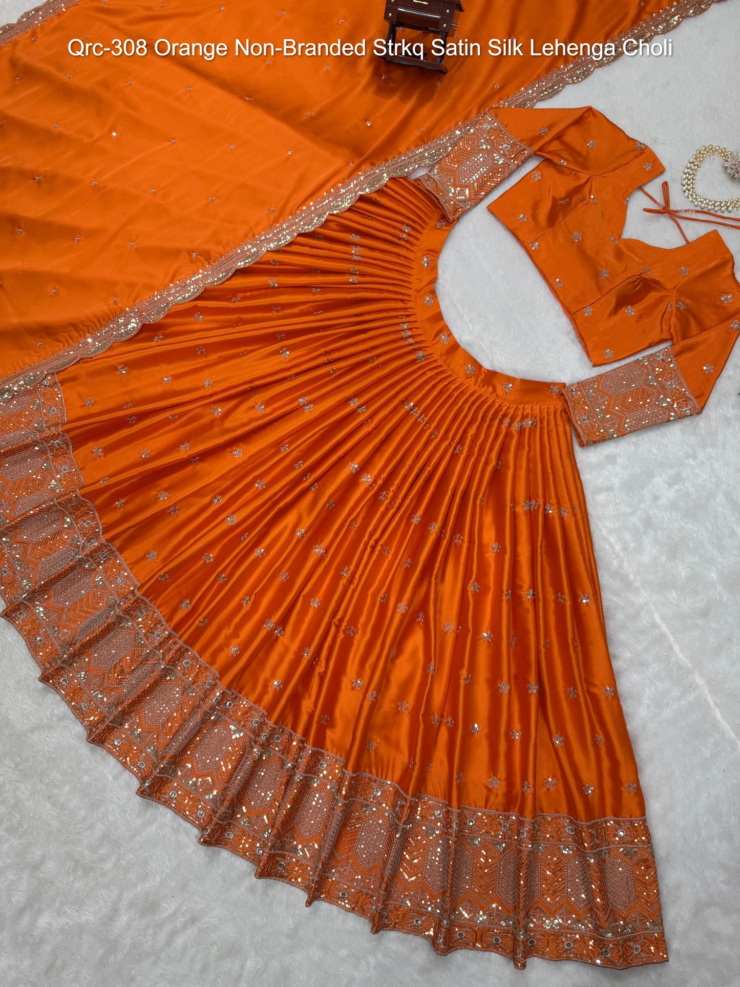 Qrc-308 Navratri Collections Orange Non-Branded Strkq Satin Silk Lehenga Choli