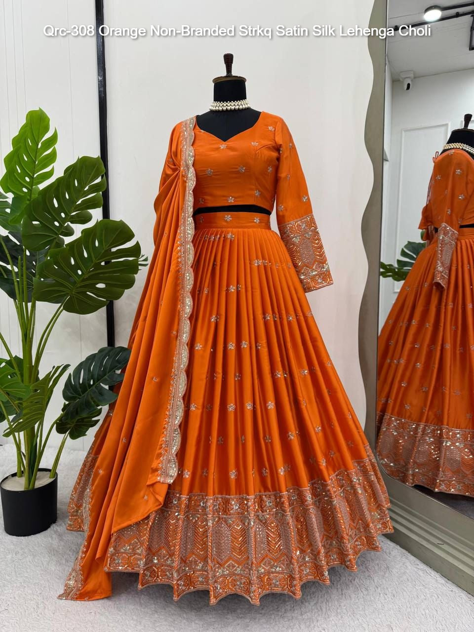 Qrc-308 Navratri Collections Orange Non-Branded Strkq Satin Silk Lehenga Choli