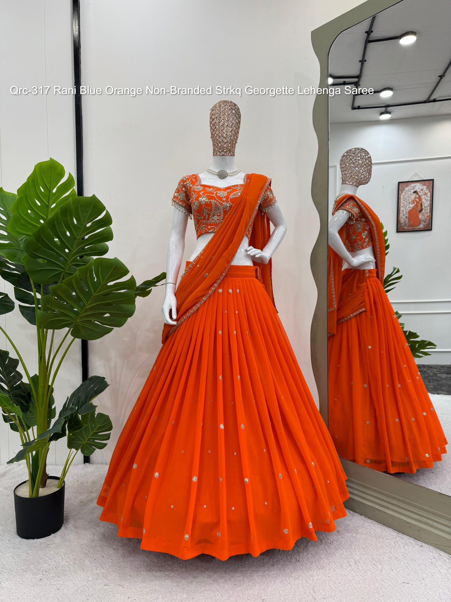 Qrc-317 Rani Blue Orange Non-Branded Strkq Georgette Lehenga Saree