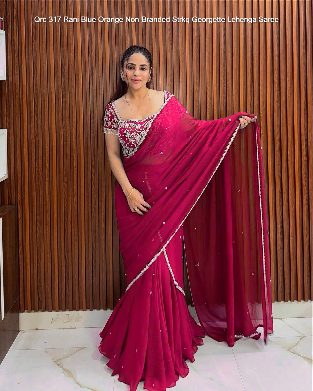 Qrc-317 Rani Blue Orange Non-Branded Strkq Georgette Lehenga Saree