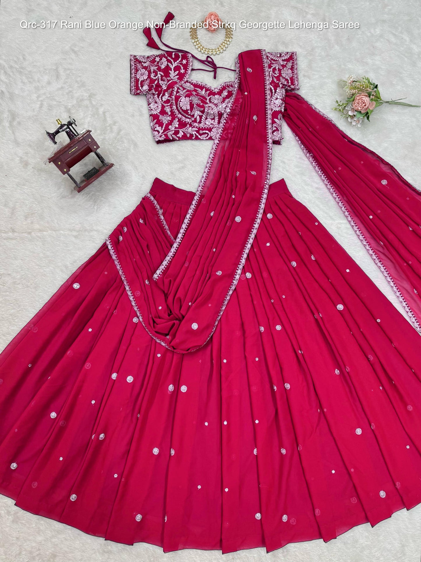 Qrc-317 Rani Blue Orange Non-Branded Strkq Georgette Lehenga Saree