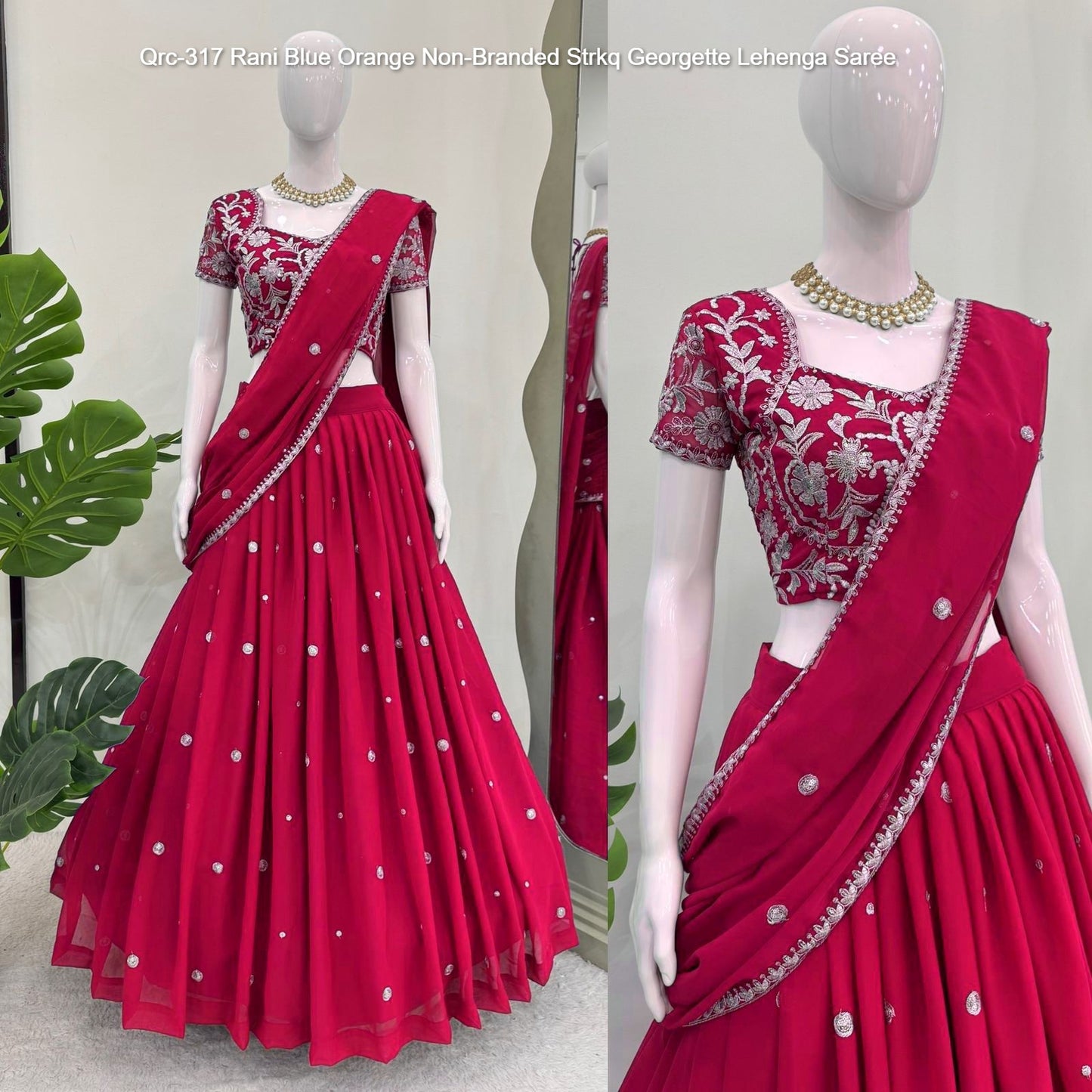 Qrc-317 Rani Blue Orange Non-Branded Strkq Georgette Lehenga Saree
