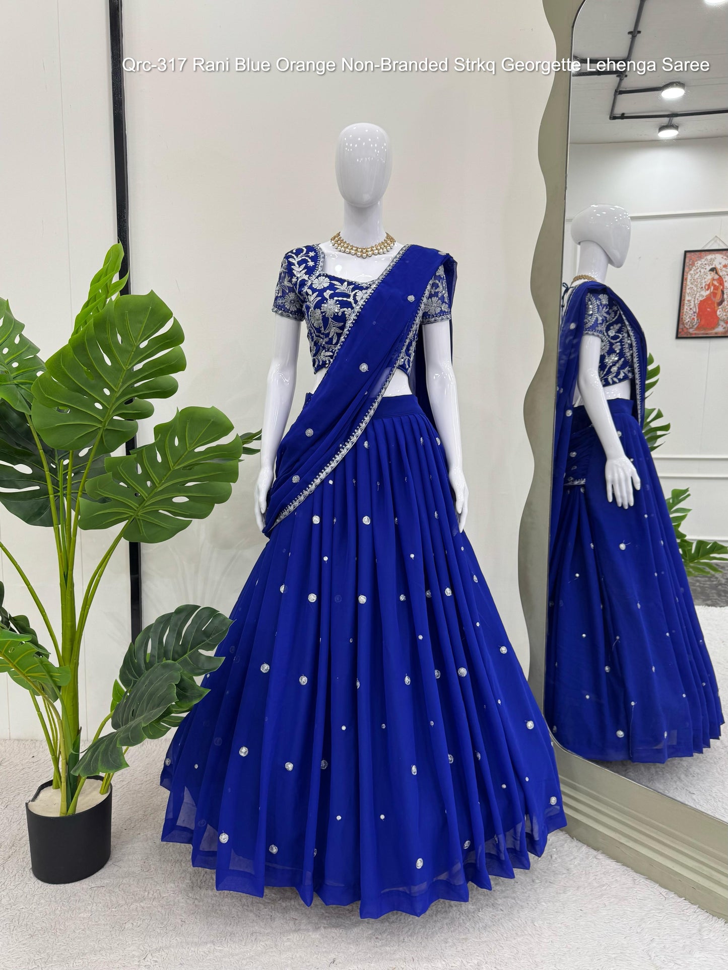 Qrc-317 Rani Blue Orange Non-Branded Strkq Georgette Lehenga Saree