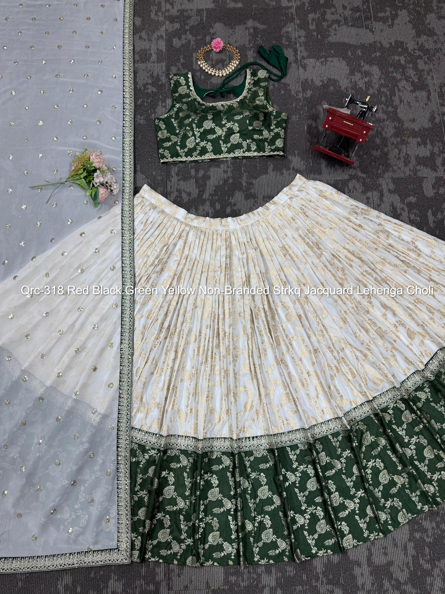 Qrc-318 Red Black Green Yellow Non-Branded Strkq Jacquard Lehenga Choli