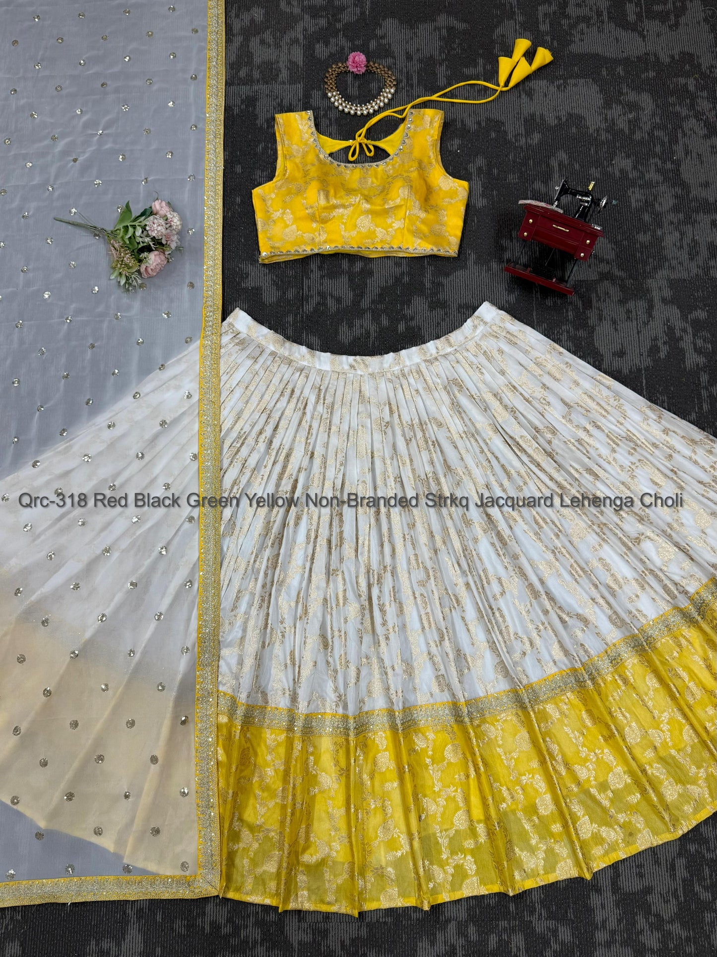 Qrc-318 Red Black Green Yellow Non-Branded Strkq Jacquard Lehenga Choli