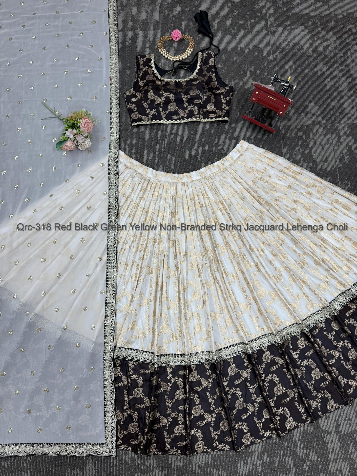 Qrc-318 Red Black Green Yellow Non-Branded Strkq Jacquard Lehenga Choli