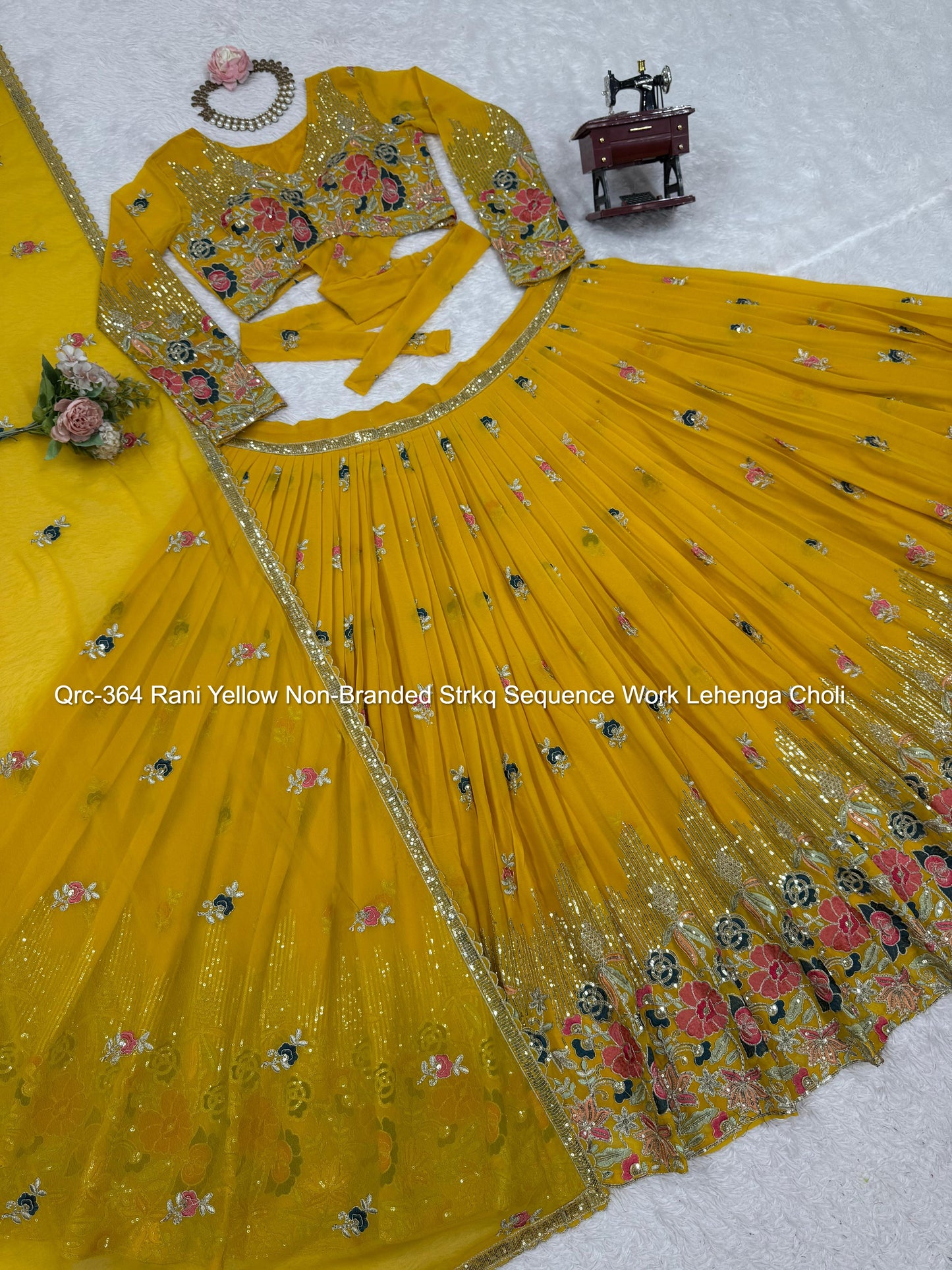 Qrc-364 Rani Yellow Non-Branded Strkq Sequence Work Lehenga Choli