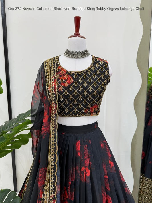 Qrc-372 Navratri Collection Black Non-Branded Strkq Tabby Orgnza Lehenga Choli