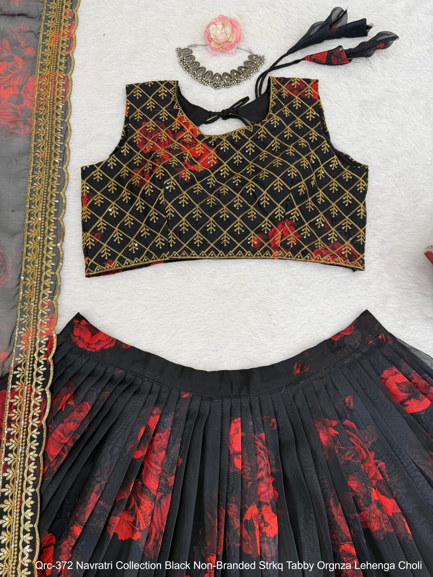 Qrc-372 Navratri Collection Black Non-Branded Strkq Tabby Orgnza Lehenga Choli