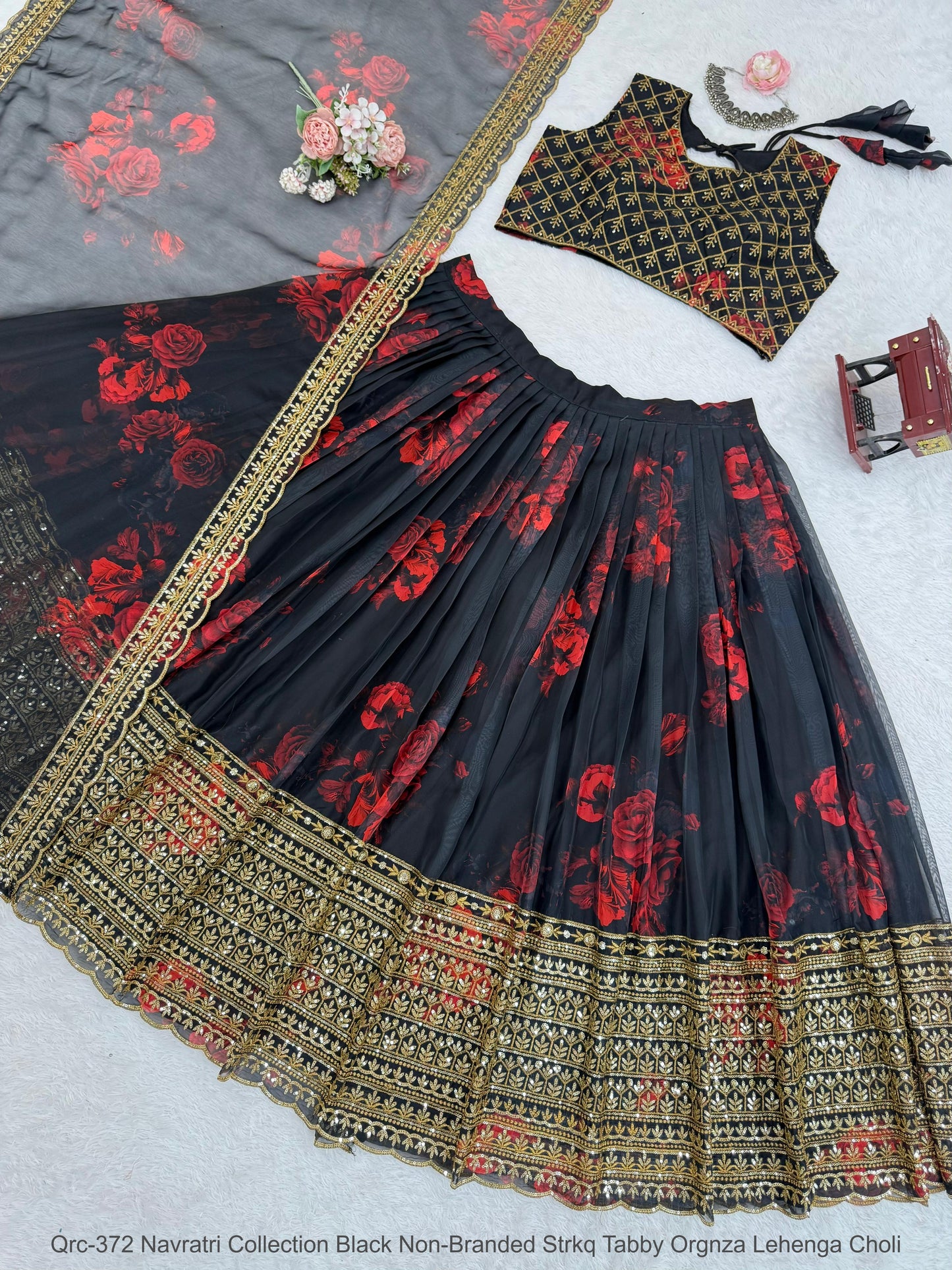 Qrc-372 Navratri Collection Black Non-Branded Strkq Tabby Orgnza Lehenga Choli