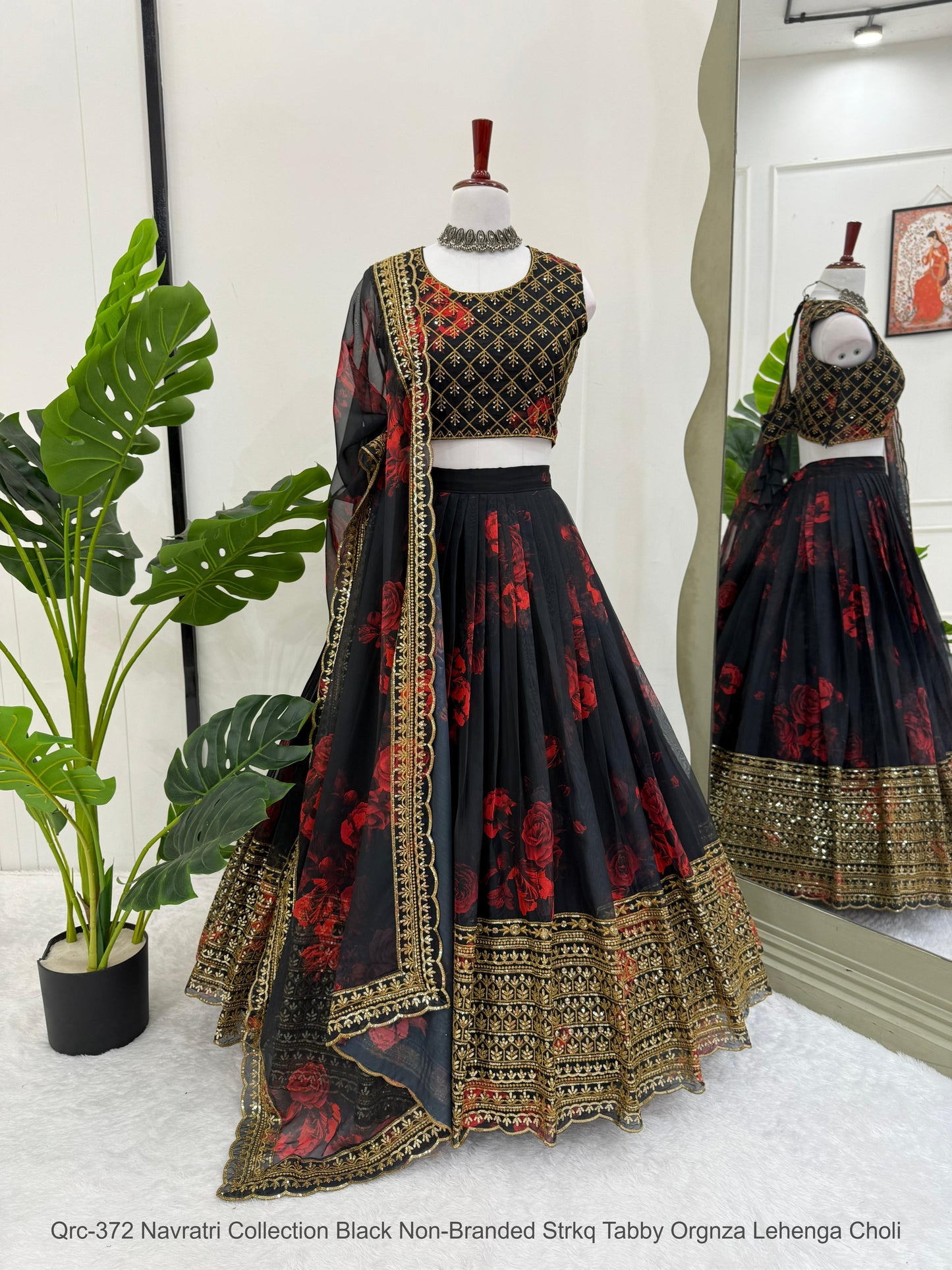 Qrc-372 Navratri Collection Black Non-Branded Strkq Tabby Orgnza Lehenga Choli