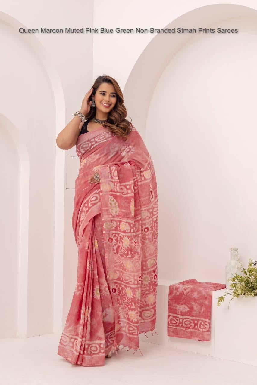 Queen Maroon Muted Pink Blue Green Non-Branded Stmah Prints Sarees