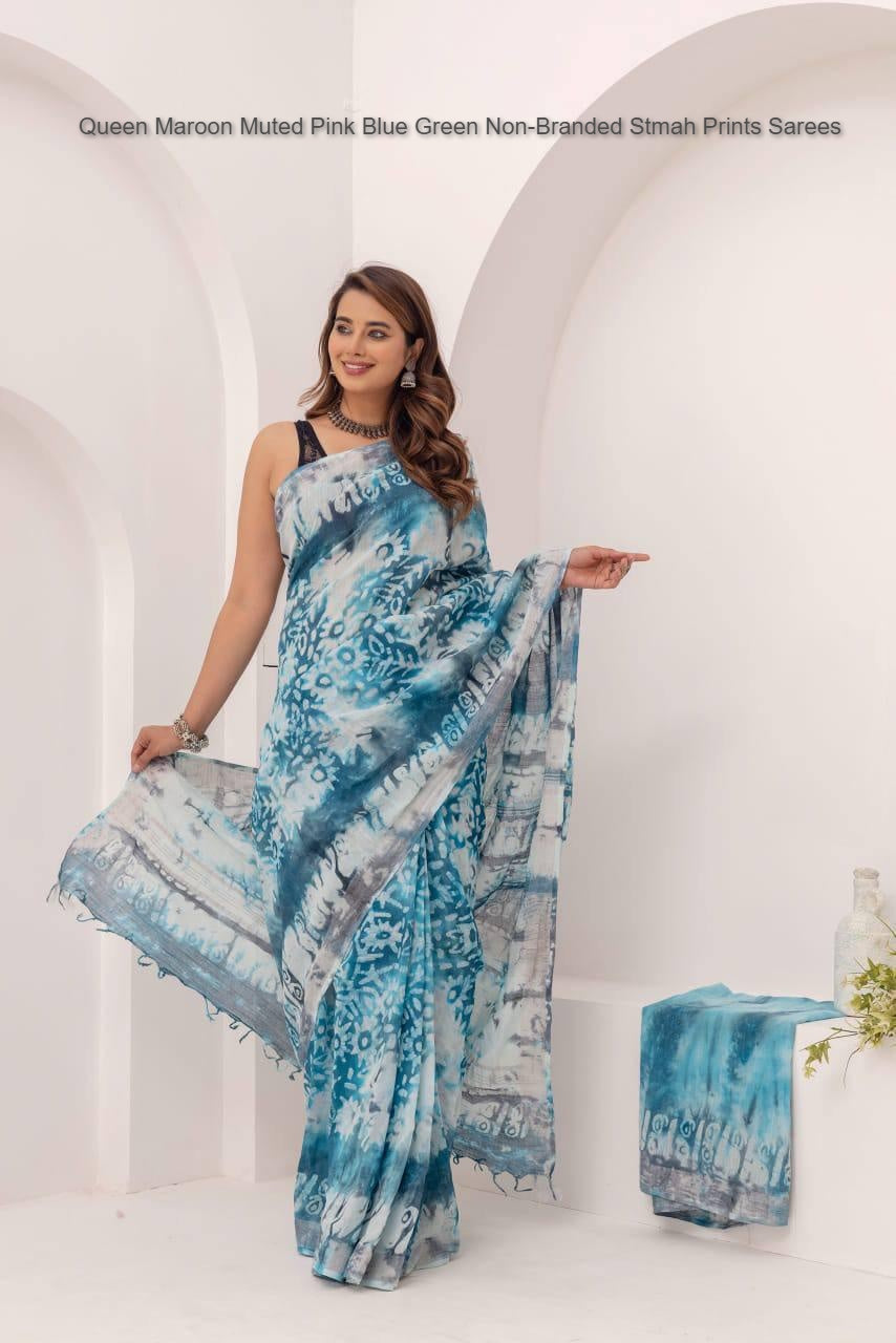 Queen Maroon Muted Pink Blue Green Non-Branded Stmah Prints Sarees