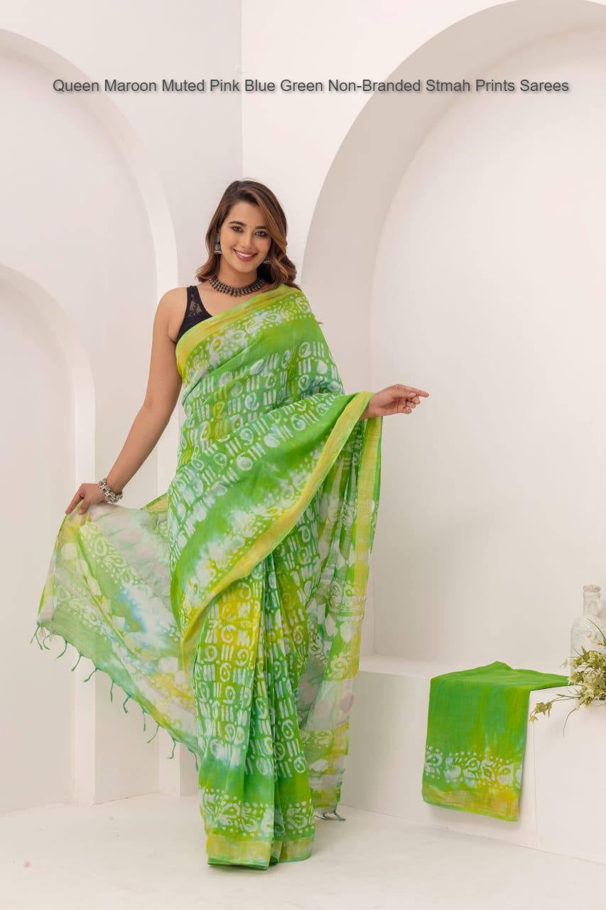 Queen Maroon Muted Pink Blue Green Non-Branded Stmah Prints Sarees
