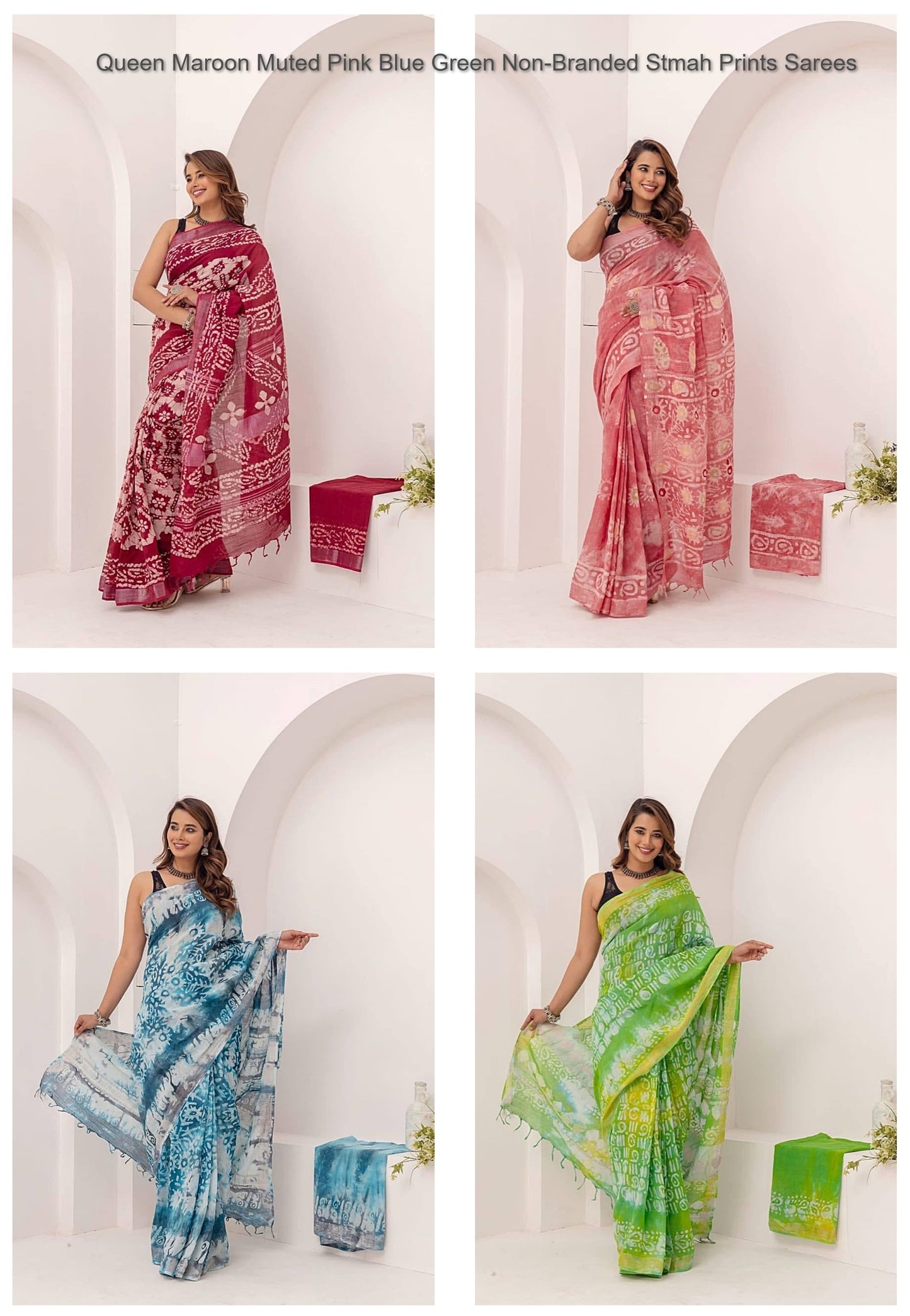 Queen Maroon Muted Pink Blue Green Non-Branded Stmah Prints Sarees