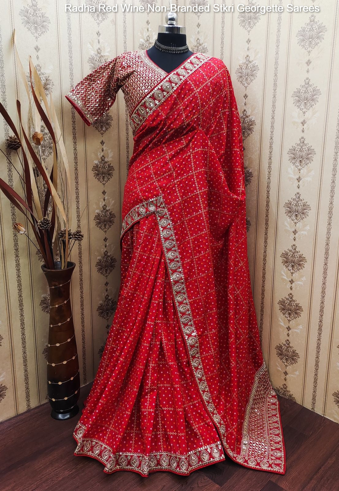 Radha Red Wine Non-Branded Stkri Georgette Sarees