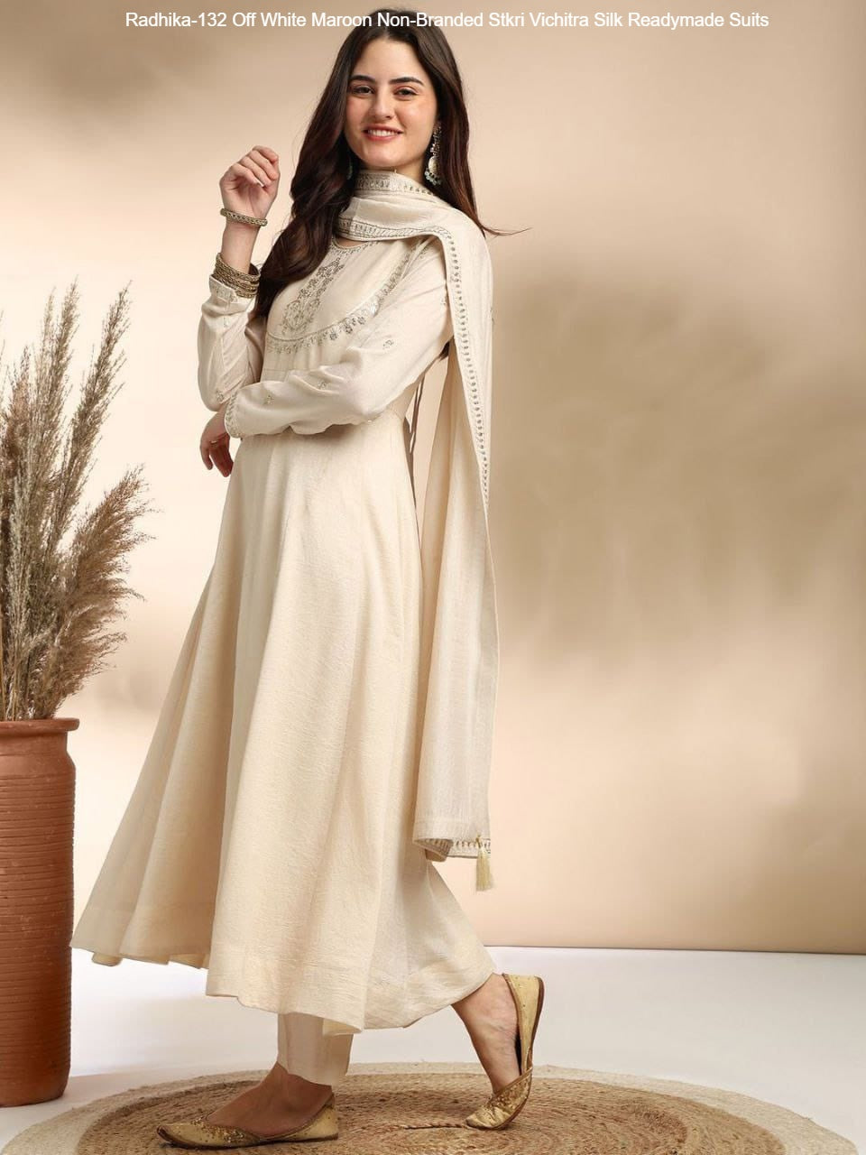 Radhika-132 Off White Maroon Non-Branded Stkri Vichitra Silk Readymade Suits
