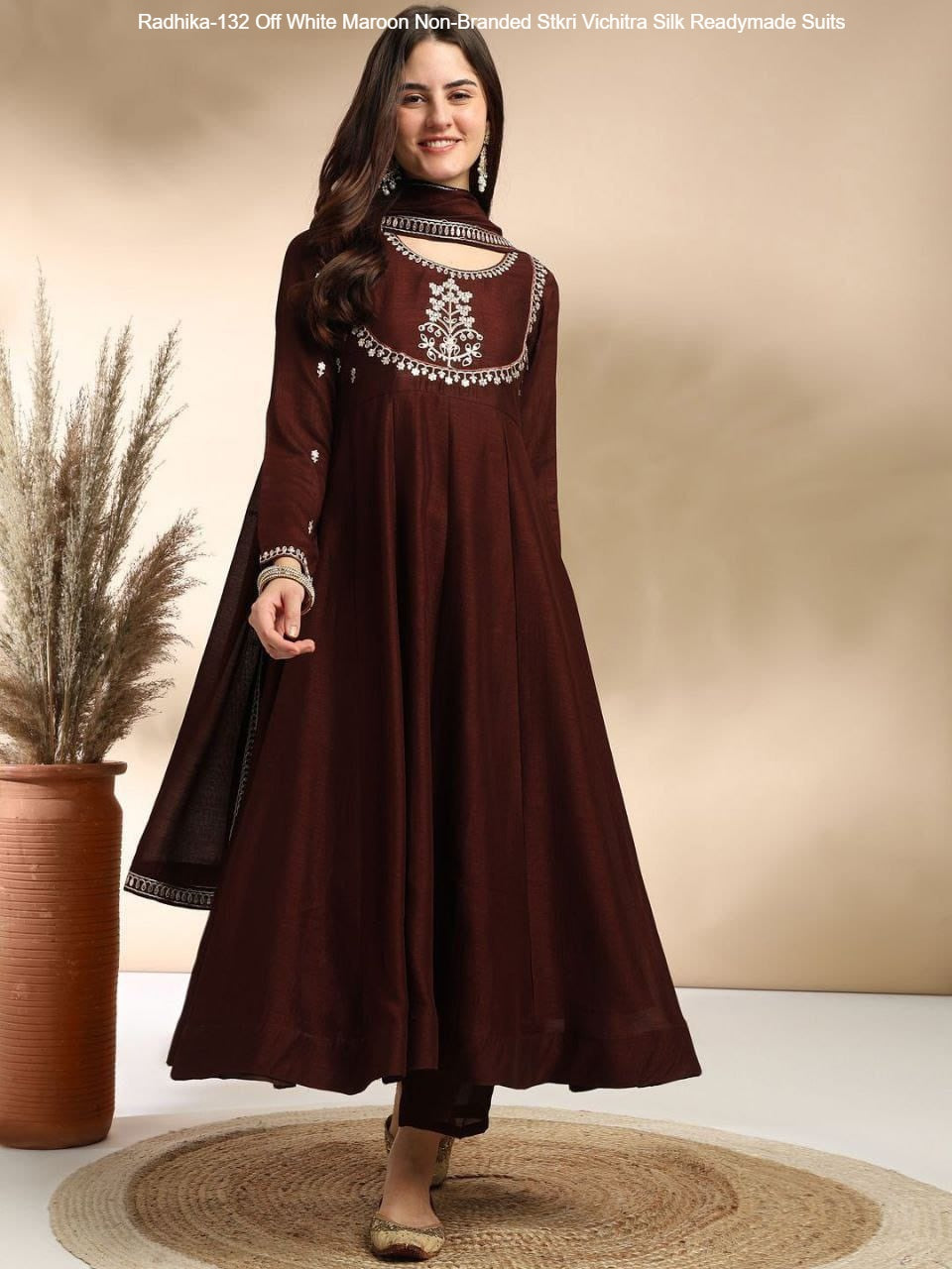 Radhika-132 Off White Maroon Non-Branded Stkri Vichitra Silk Readymade Suits