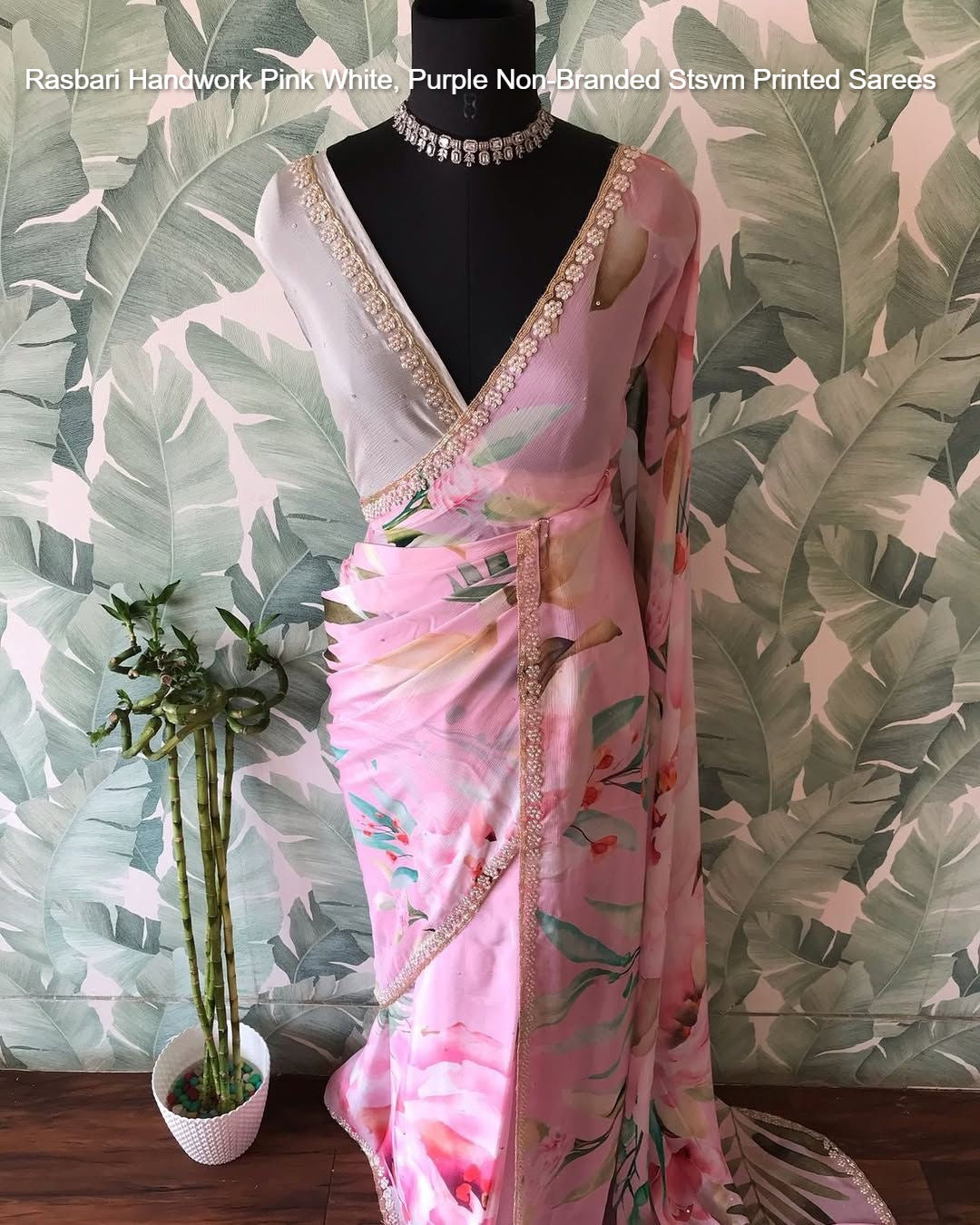 Rasbari Handwork Pink White, Purple Non-Branded Stsvm Printed Sarees