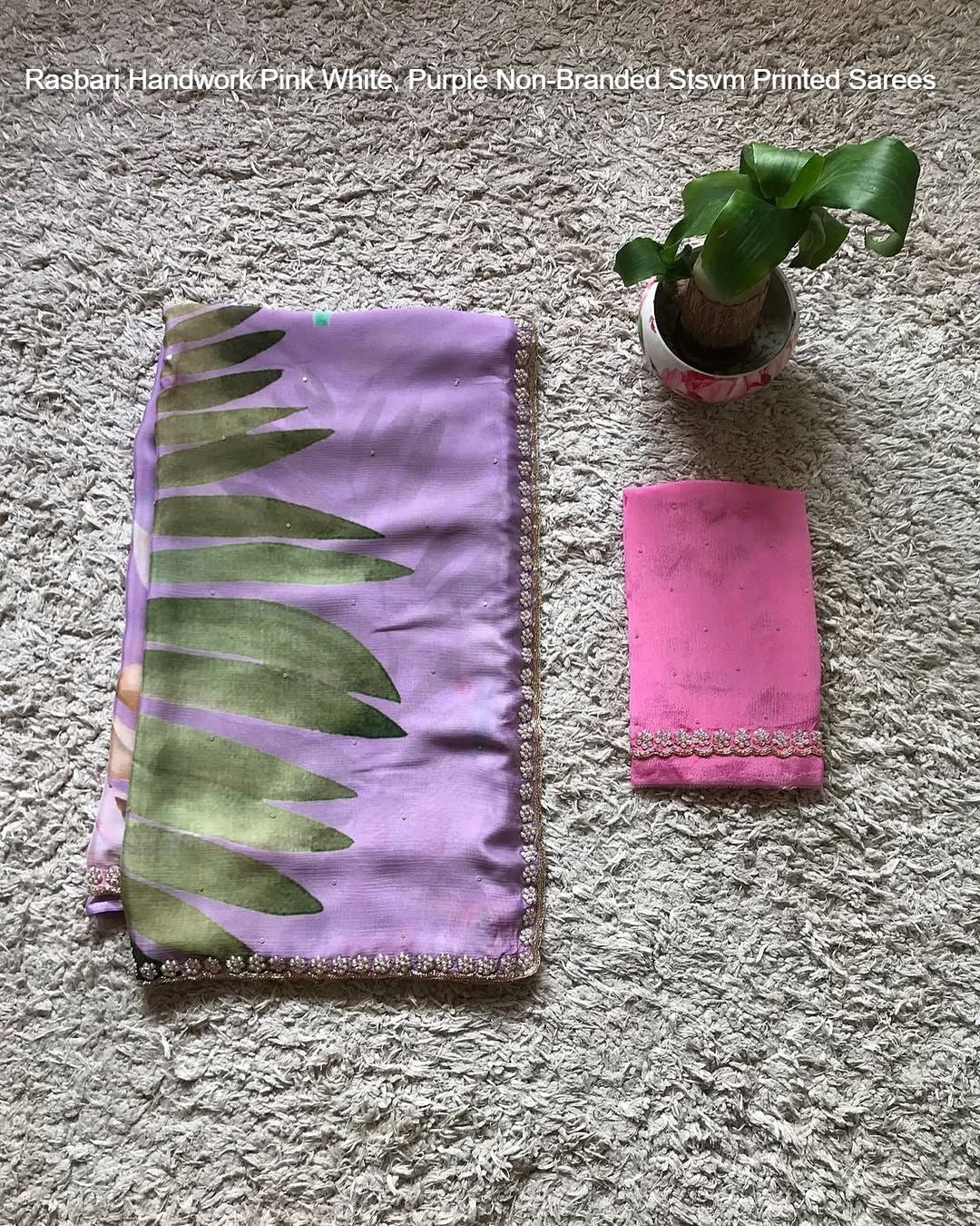 Rasbari Handwork Pink White, Purple Non-Branded Stsvm Printed Sarees