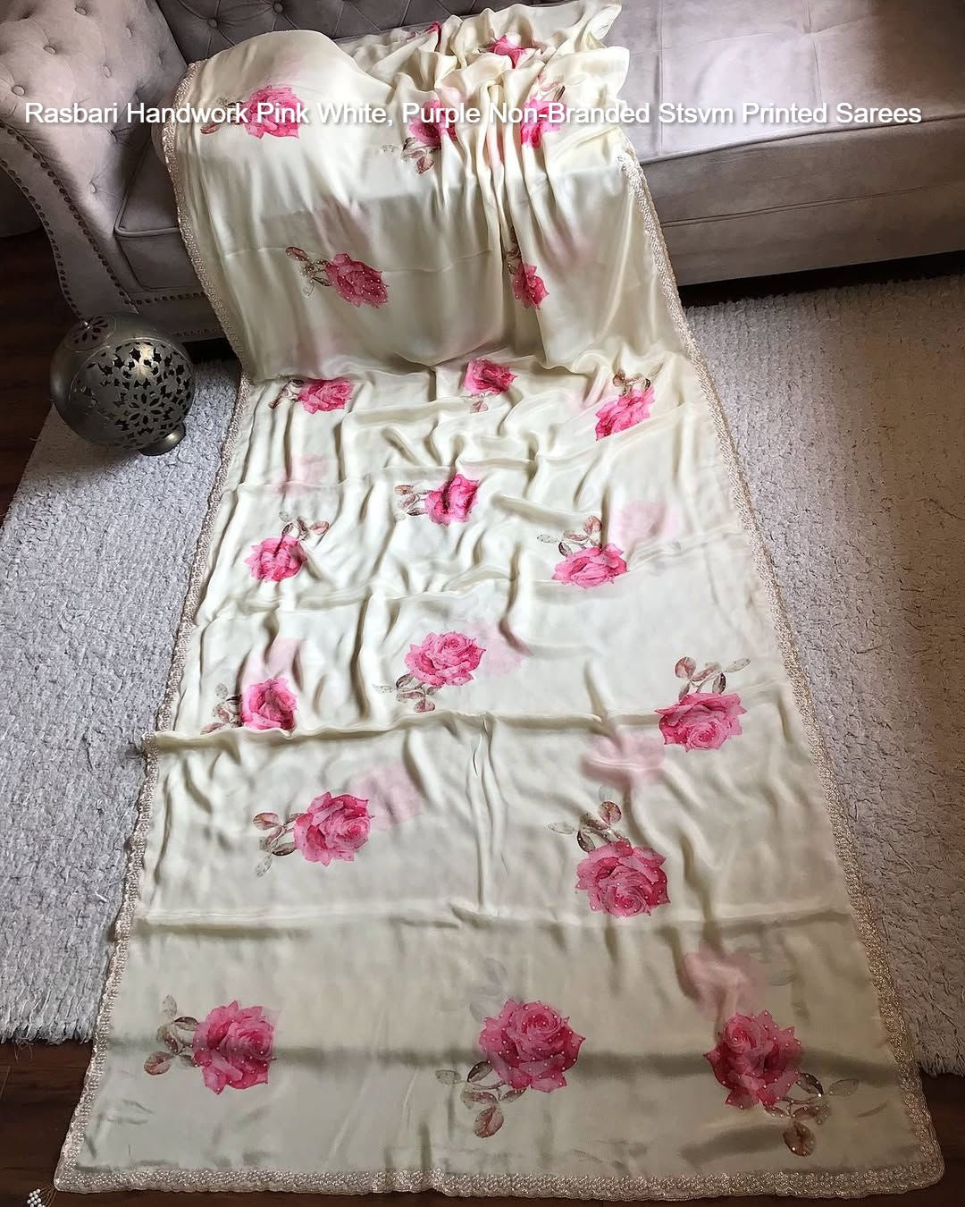 Rasbari Handwork Pink White, Purple Non-Branded Stsvm Printed Sarees