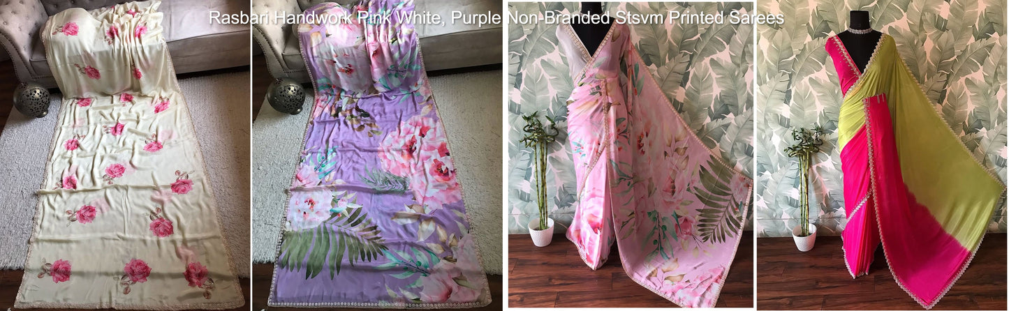 Rasbari Handwork Pink White, Purple Non-Branded Stsvm Printed Sarees