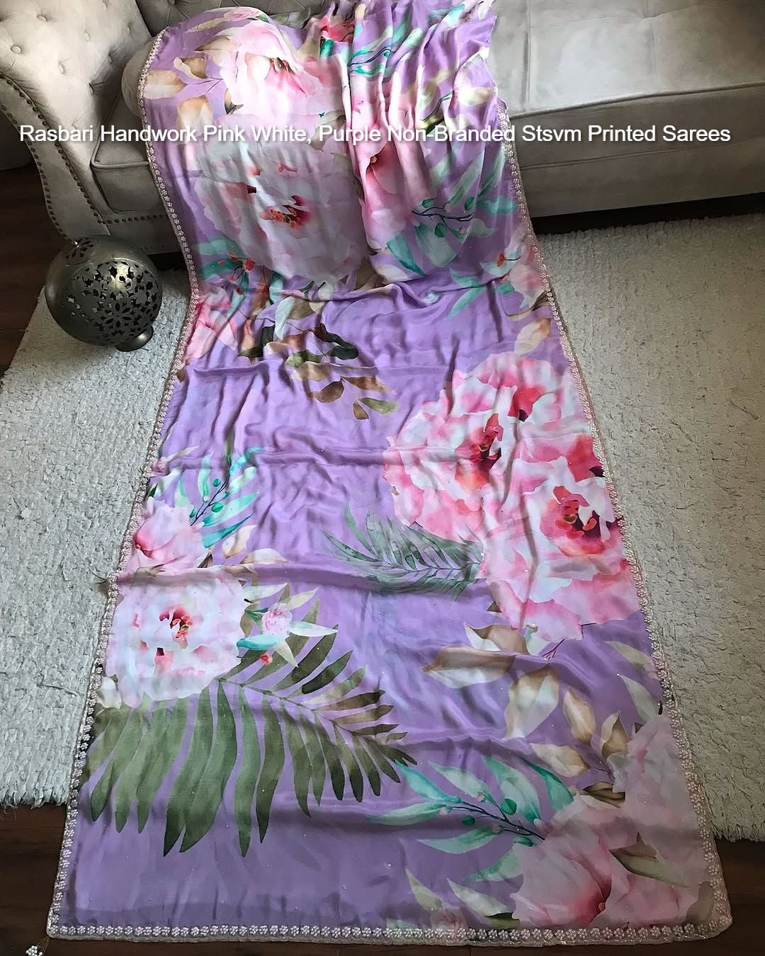 Rasbari Handwork Pink White, Purple Non-Branded Stsvm Printed Sarees