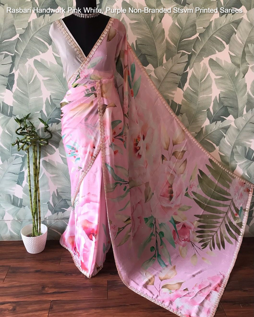 Rasbari Handwork Pink White, Purple Non-Branded Stsvm Printed Sarees