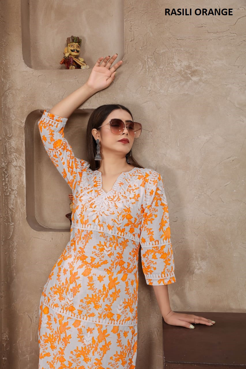Rasika Orange Rasili Nx Print Kurti Pant Set