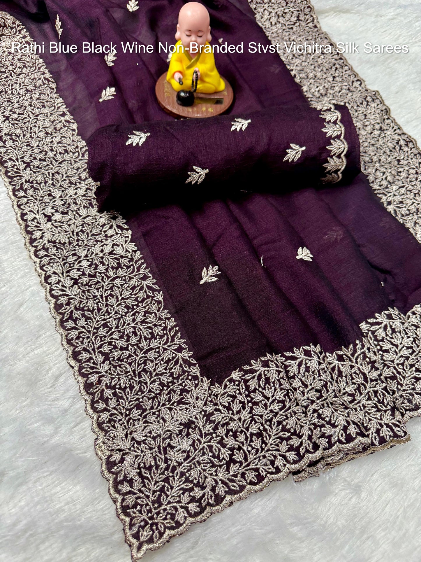 Rathi Blue Black Wine Non-Branded Stvst Vichitra Silk Sarees