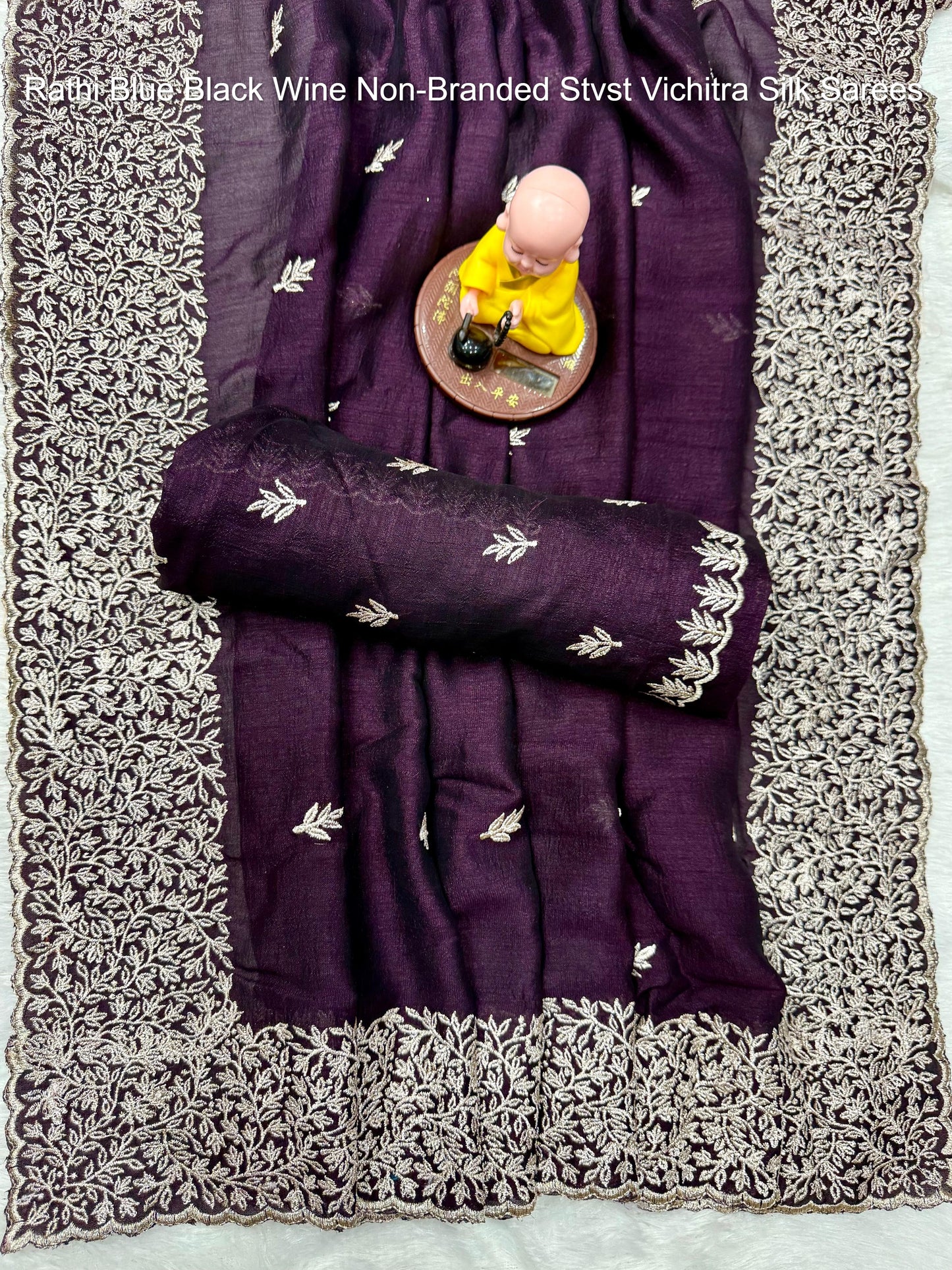 Rathi Blue Black Wine Non-Branded Stvst Vichitra Silk Sarees