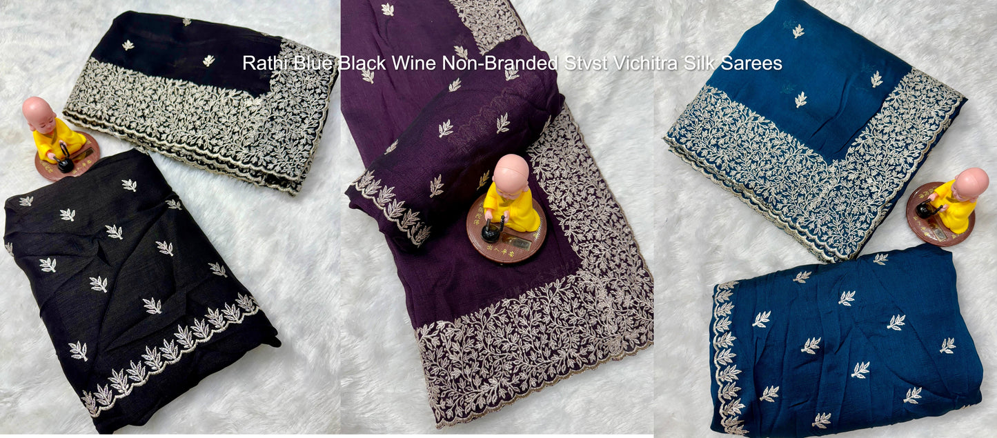 Rathi Blue Black Wine Non-Branded Stvst Vichitra Silk Sarees