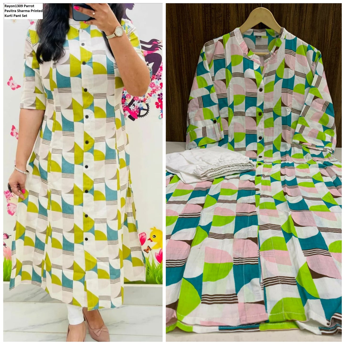 Rayon1309 Parrot Pavitra Sharma Printed Kurti Pant Set