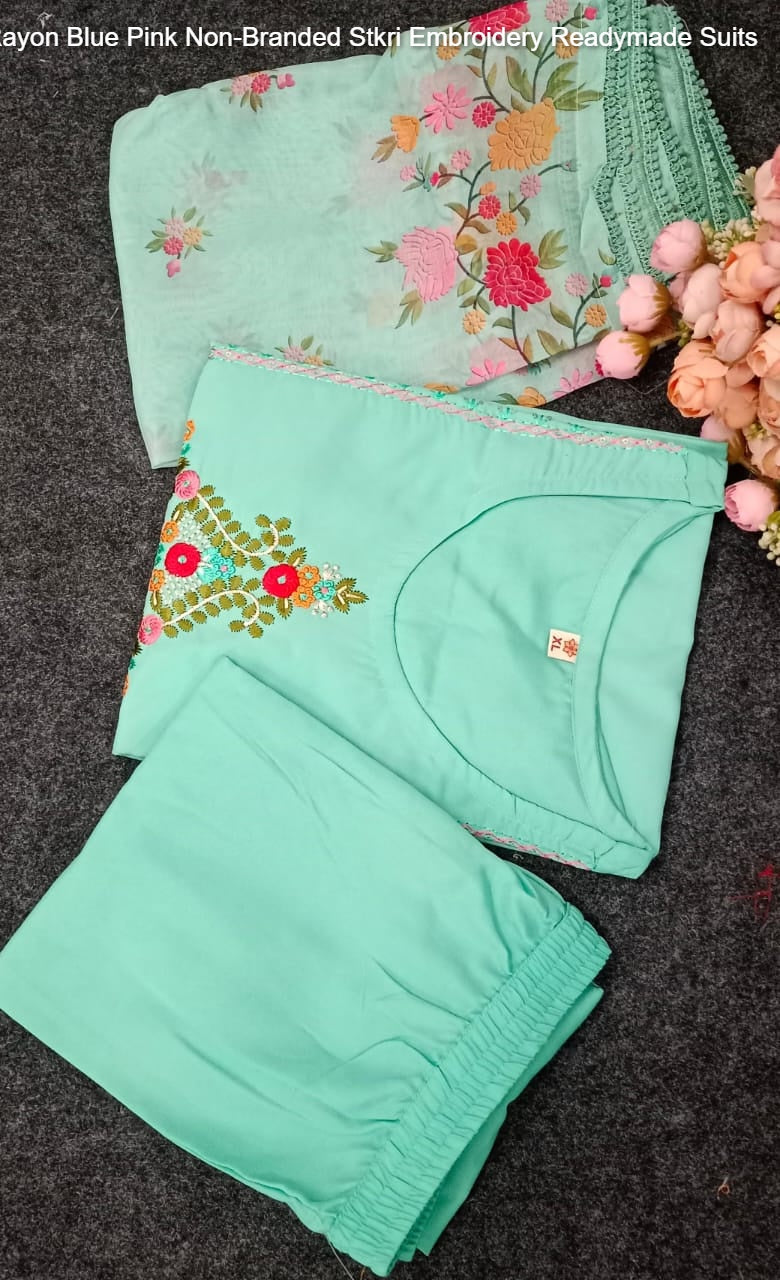 Rayon Blue Pink Non-Branded Stkri Embroidery Readymade Suits