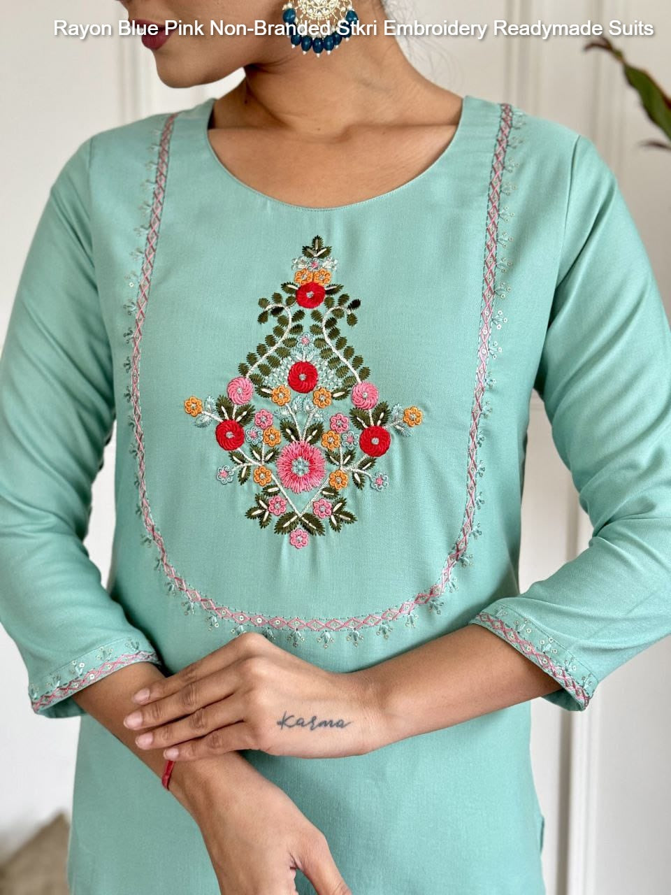 Rayon Blue Pink Non-Branded Stkri Embroidery Readymade Suits