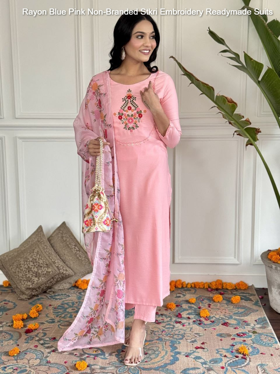 Rayon Blue Pink Non-Branded Stkri Embroidery Readymade Suits