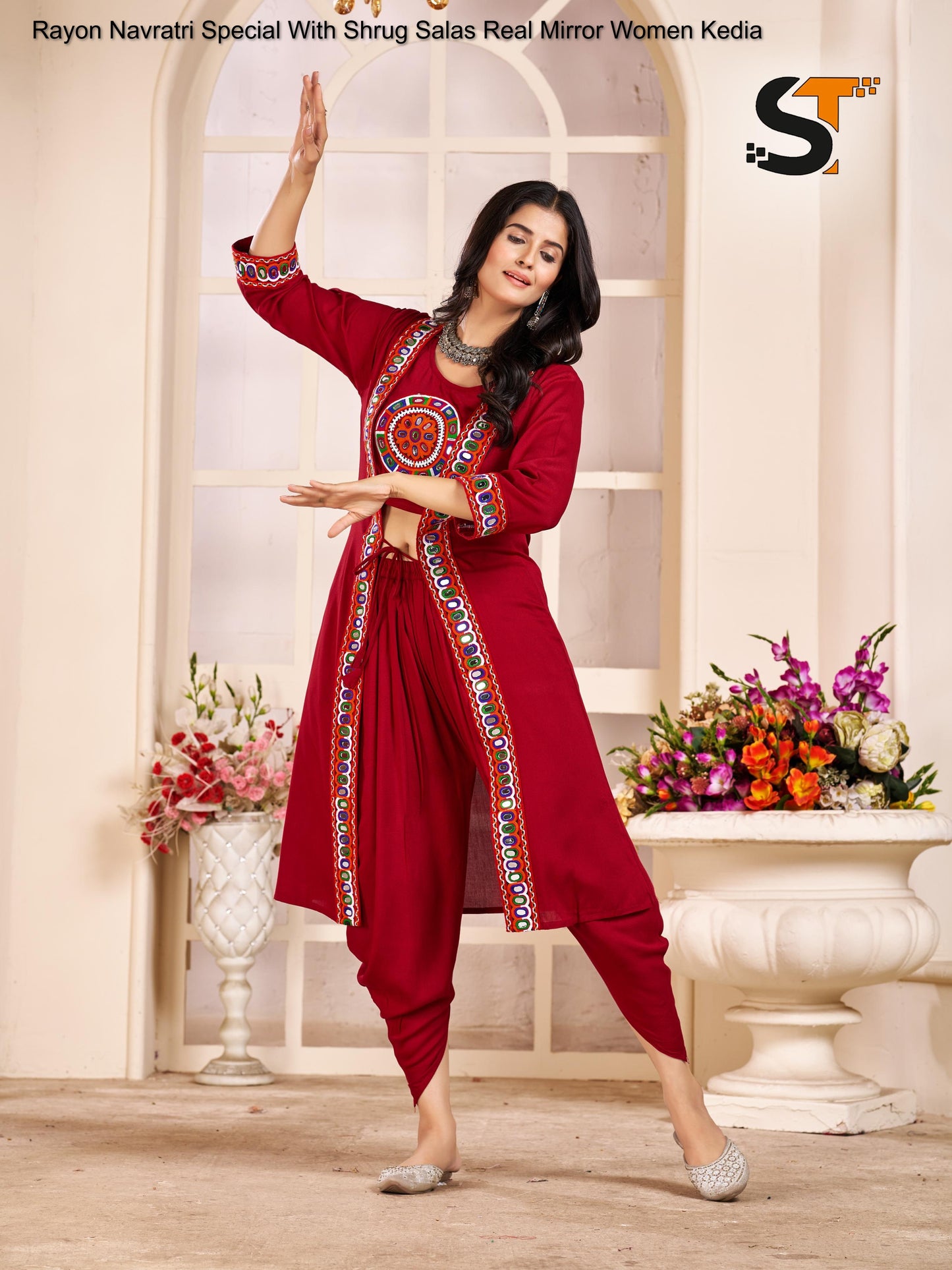 Rayon Navratri Special With Shrug Salas Real Mirror Women Kedia
