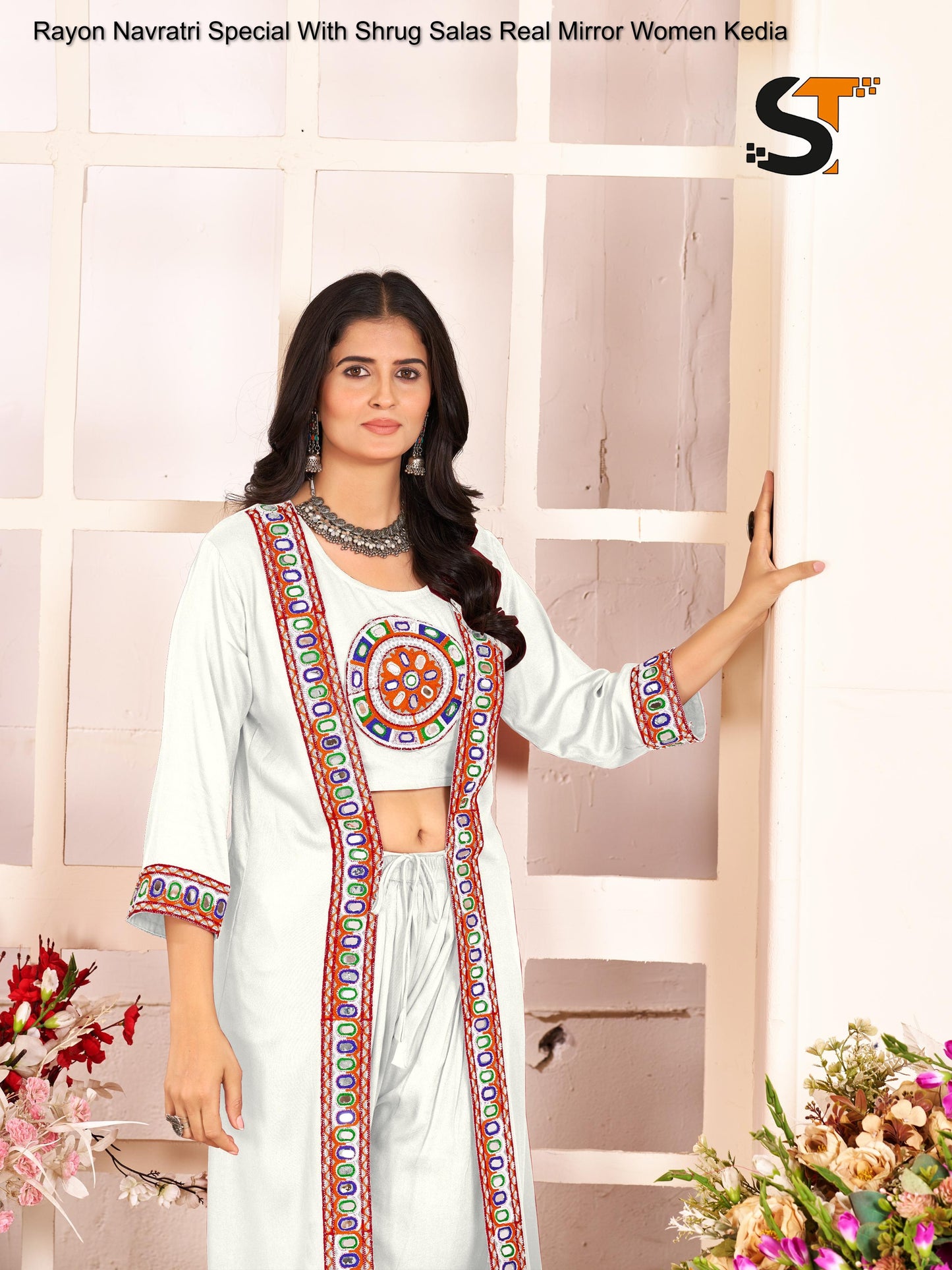 Rayon Navratri Special With Shrug Salas Real Mirror Women Kedia