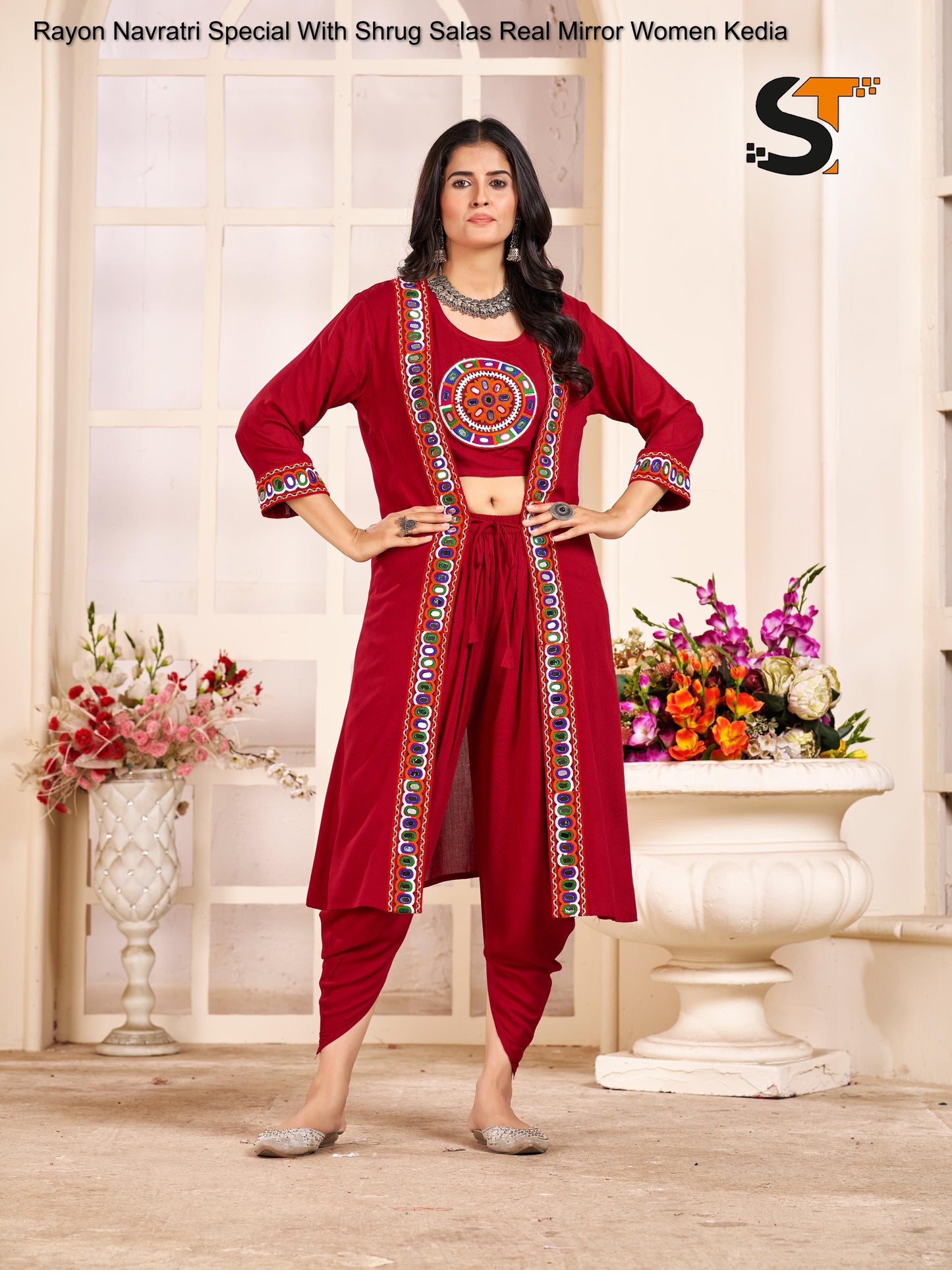 Rayon Navratri Special With Shrug Salas Real Mirror Women Kedia
