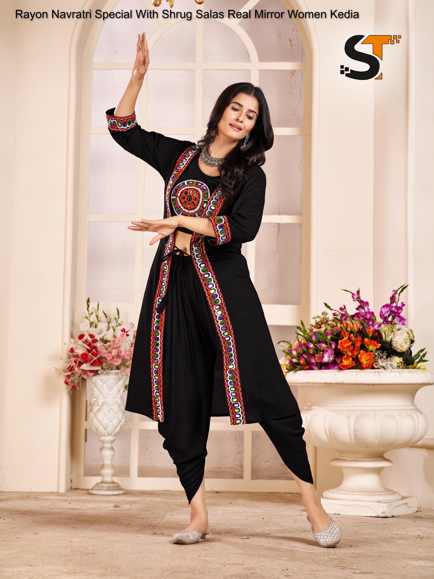 Rayon Navratri Special With Shrug Salas Real Mirror Women Kedia
