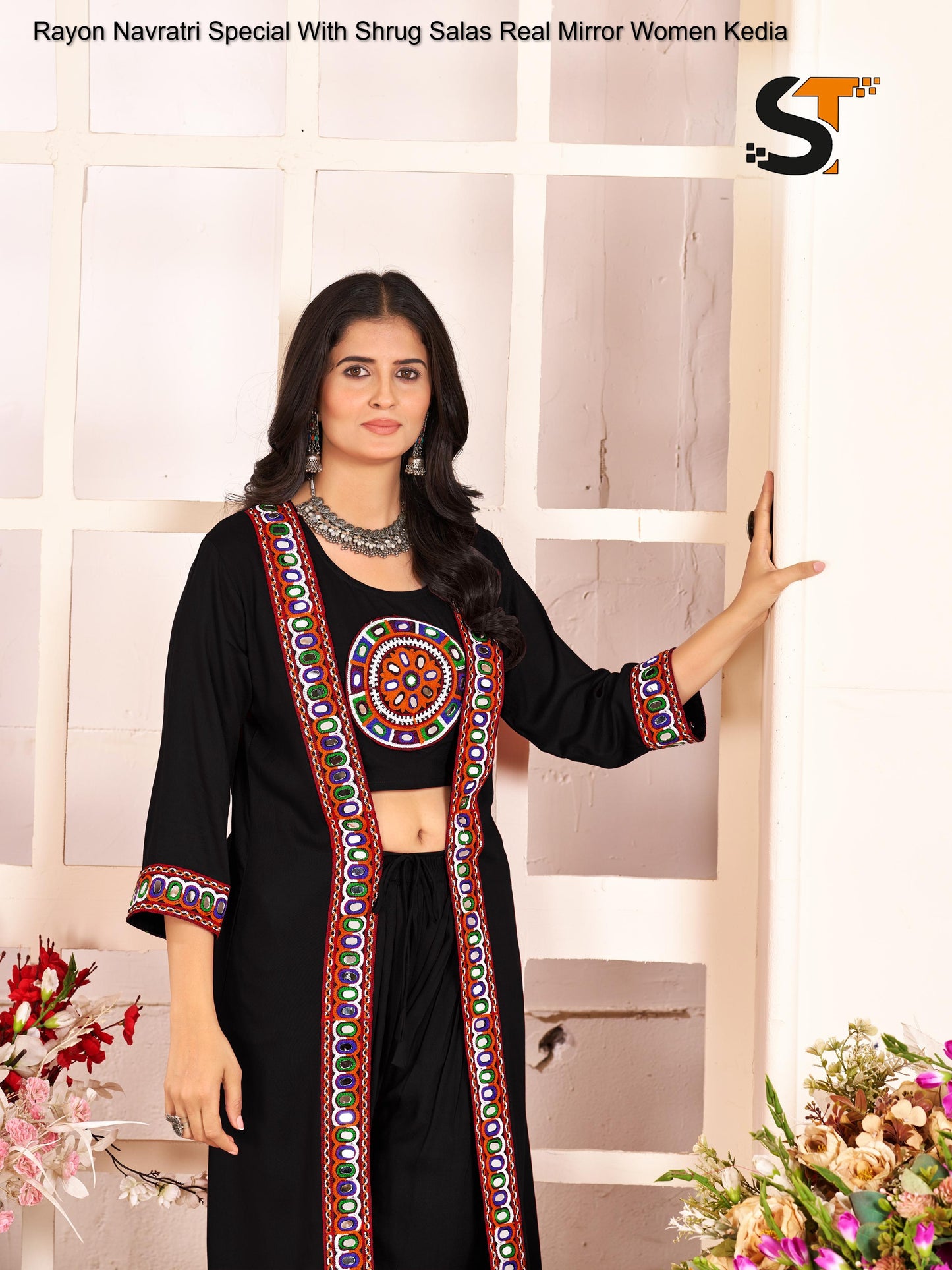 Rayon Navratri Special With Shrug Salas Real Mirror Women Kedia