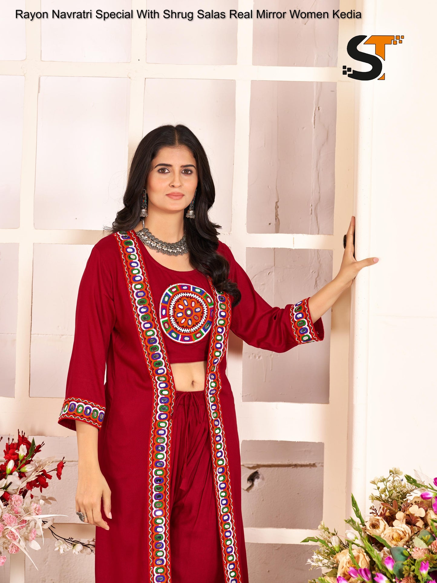 Rayon Navratri Special With Shrug Salas Real Mirror Women Kedia