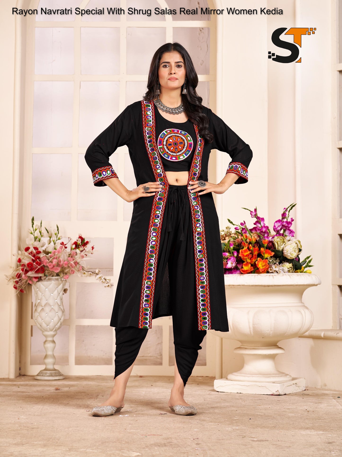 Rayon Navratri Special With Shrug Salas Real Mirror Women Kedia