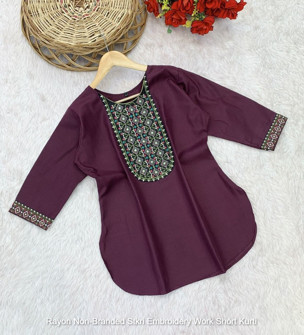 Rayon Non-Branded Stkri Embroidery Work Short Kurti